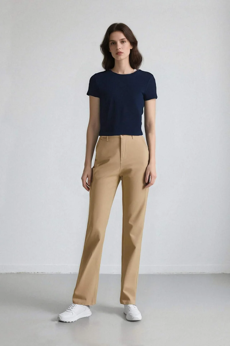 ديفاكتو Straight Fit Gabardine High Waist Trousers