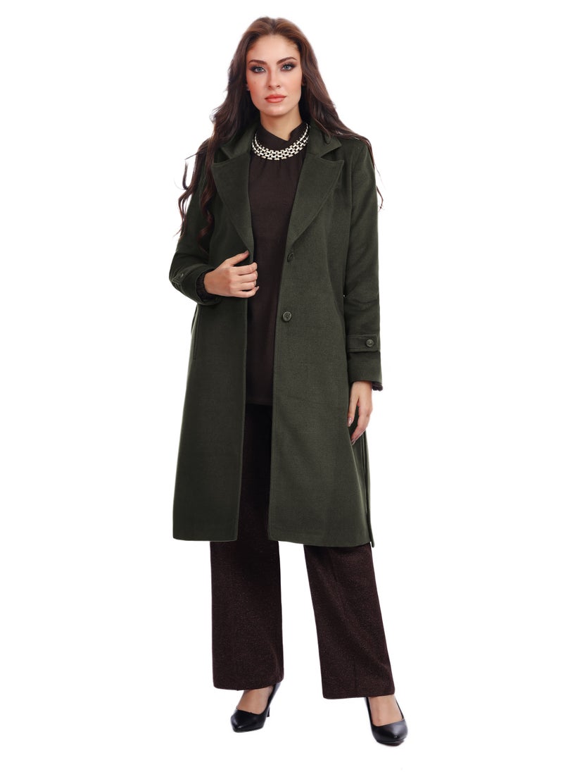 Smoky Egypt - Fully Lined Classic Long Wool Coat With  Belt - Olive - Image 1