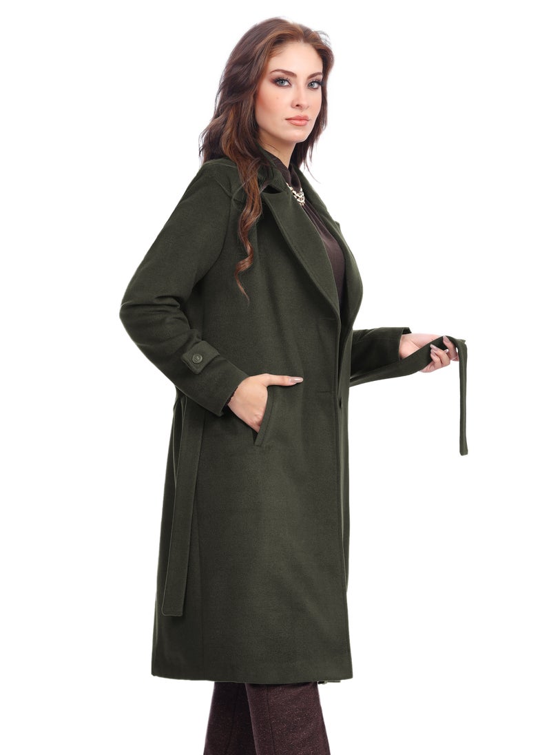 Smoky Egypt - Fully Lined Classic Long Wool Coat With  Belt - Olive - Image 1