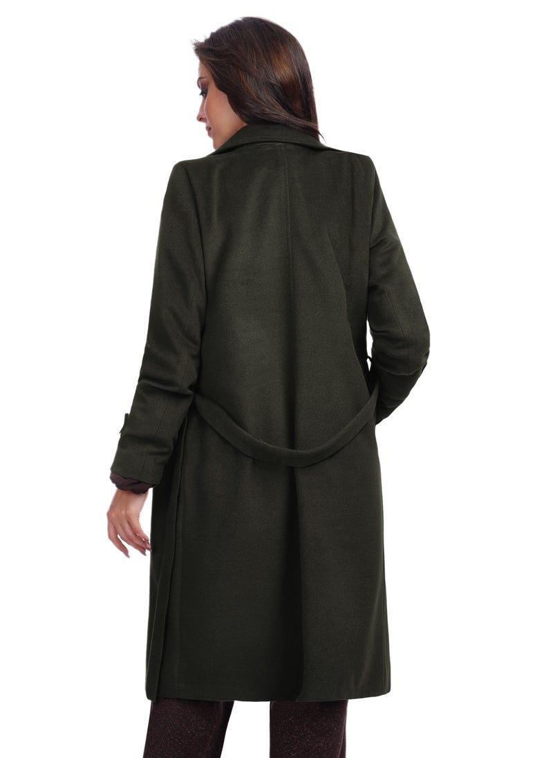 Smoky Egypt - Fully Lined Classic Long Wool Coat With  Belt - Olive - Image 1