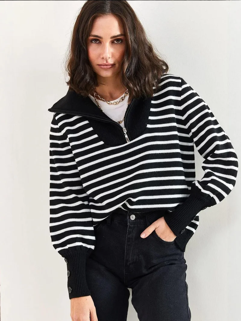 Bianco Lucci LUCCI Hooded Striped Knitwear Sweater with Zipper