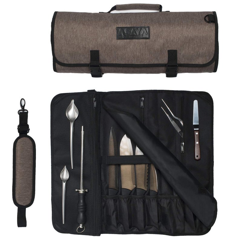 Asaya Chef Knife Roll Bag  20 Total Pockets for Knives and Kitchen Utensils  Made with Stain Resistant Waxed Nylon  For Chefs and Culinary Students  Knives Not IncludedBrown