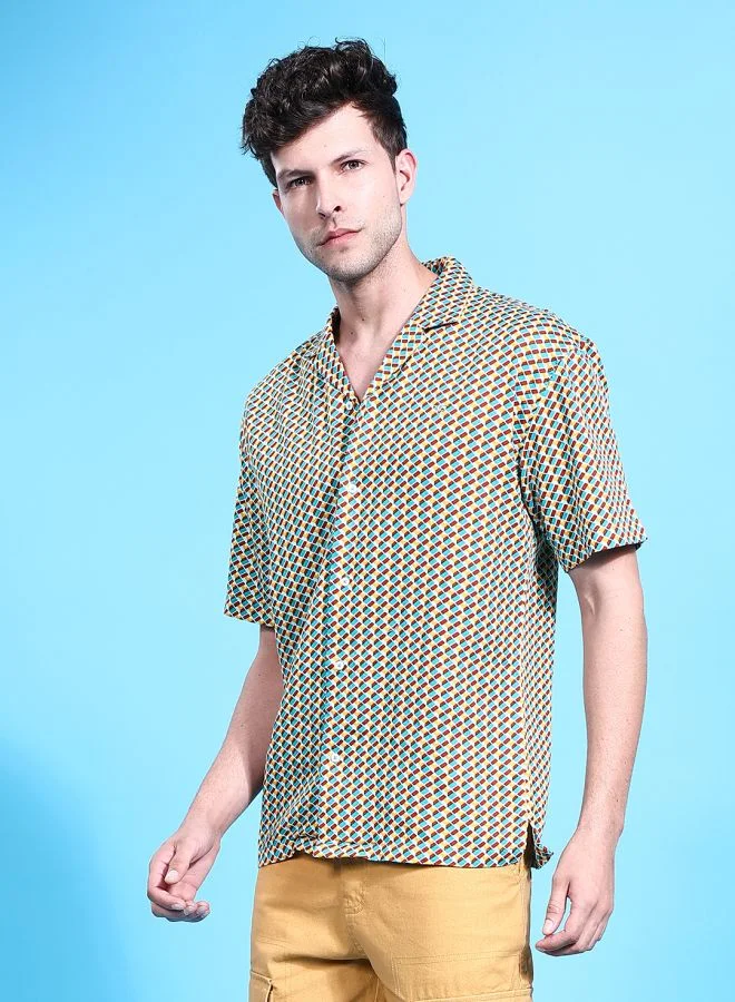 شركة المرآب الهندية Men Relaxed Fit Geometric Printed Half Sleeves Cutaway Collar Party Wear Shirt