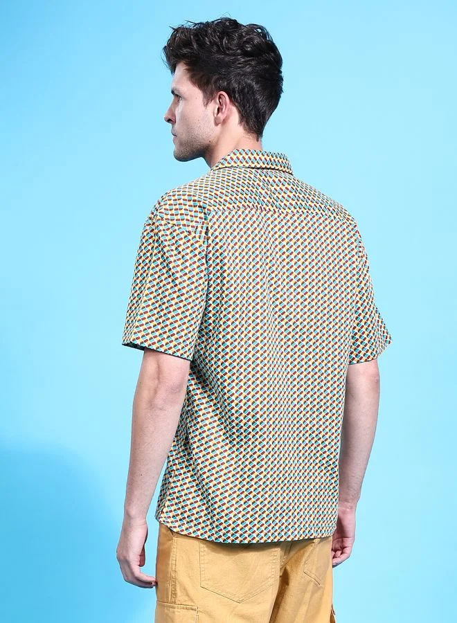 شركة المرآب الهندية Men Relaxed Fit Geometric Printed Half Sleeves Cutaway Collar Party Wear Shirt