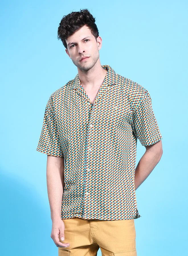 شركة المرآب الهندية Men Relaxed Fit Geometric Printed Half Sleeves Cutaway Collar Party Wear Shirt
