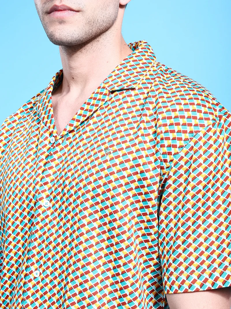 شركة المرآب الهندية Men Relaxed Fit Geometric Printed Half Sleeves Cutaway Collar Party Wear Shirt
