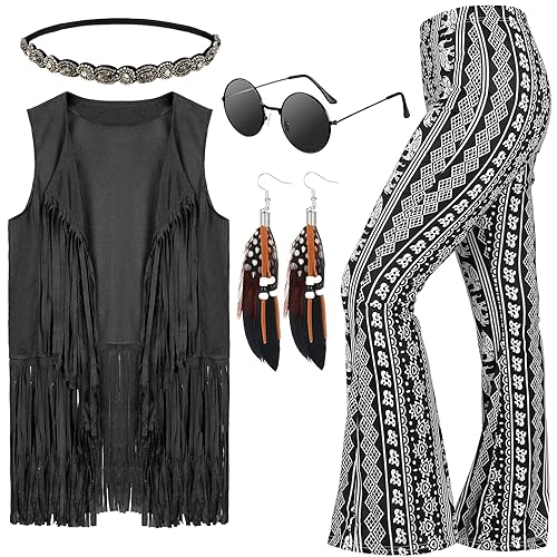 Leumoi 5 Pcs 60s 70s Costume for Women Disco Outfits Hippie Accessories Fringe Vest Boho Flared Pants Set for Halloween(XX-Large,Classic) - Image 1