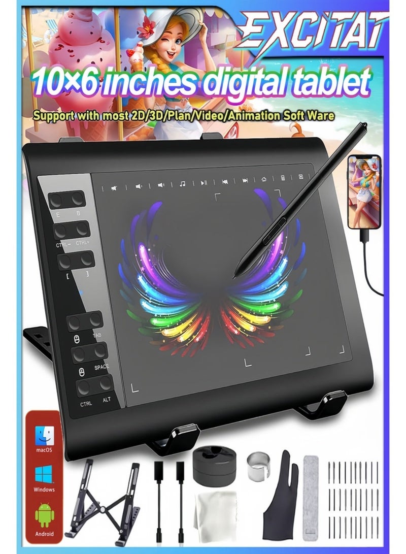 excitat Drawing Tablet, EXCITAT 1060PLUS 10x6 Inch, 8192 Levels Pressure, Battery-Free Stylus, Lcd writing tablet, 22 Shortcut Keys, Digital Art Tablet for Drawing, ablet with Pen, 30 spare nibs and holders, Game and Teaching Online Classes, Support Tilt Function Work, Support Windows Mac Linux Chrome Android OS, Star Gray - Image 1