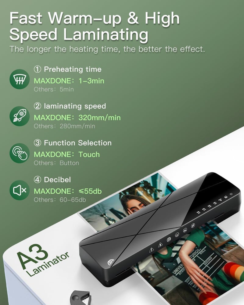 A3 Laminating Machine Set - Hot and Cold Thermal Laminator 13 Inches with Laminating Sheets, 5-in-1 Lamination Machine with 6 Laminating Modes and Auto-Off for Home Office School - Image 3