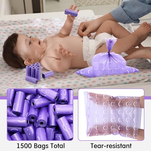 Wowangce 1500 Count Diaper Disposable Bags for Baby Diaper Sacks Baby Powder Scent Disposal or Pet Waste Bags, 100 Rolls(Purple) - Image 5