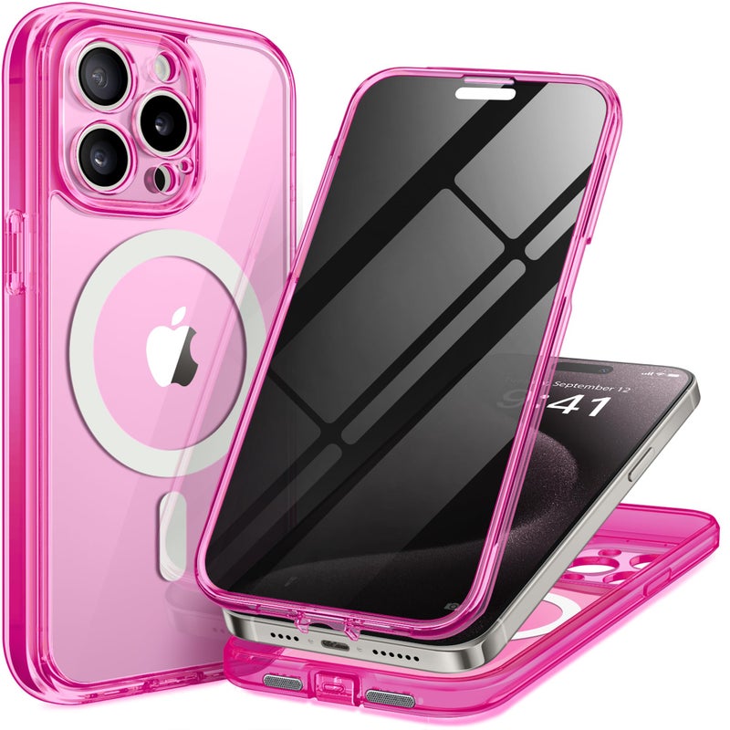 TIESZEN for iPhone 15 Pro Max Case, Compatible with MagSafe, Built-in Privacy Screen Protector and Camera Protection, Anti Spy Full Body Dustproof Shockproof Hard Phone Case 6.7",Neon Pink - Image 1