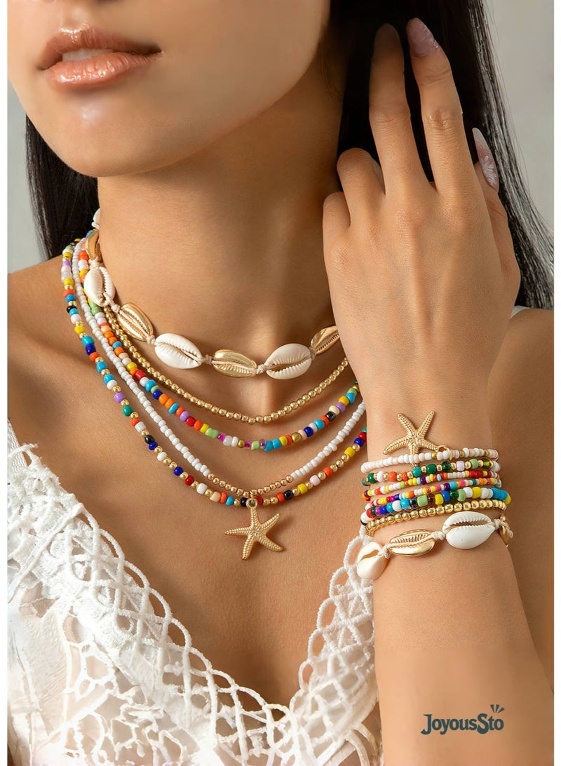 JoyousSto 12 Pcs Summer Beach Necklaces and Bracelets for Women, Stackable Shell Seashell Starfish Beaded Surfer Necklaces Set and Bracelets Set Boho Seaside Holiday Vacation Party Friendship Jewelry Gift - Image 1