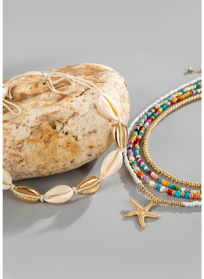 JoyousSto 12 Pcs Summer Beach Necklaces and Bracelets for Women, Stackable Shell Seashell Starfish Beaded Surfer Necklaces Set and Bracelets Set Boho Seaside Holiday Vacation Party Friendship Jewelry Gift - Image 5
