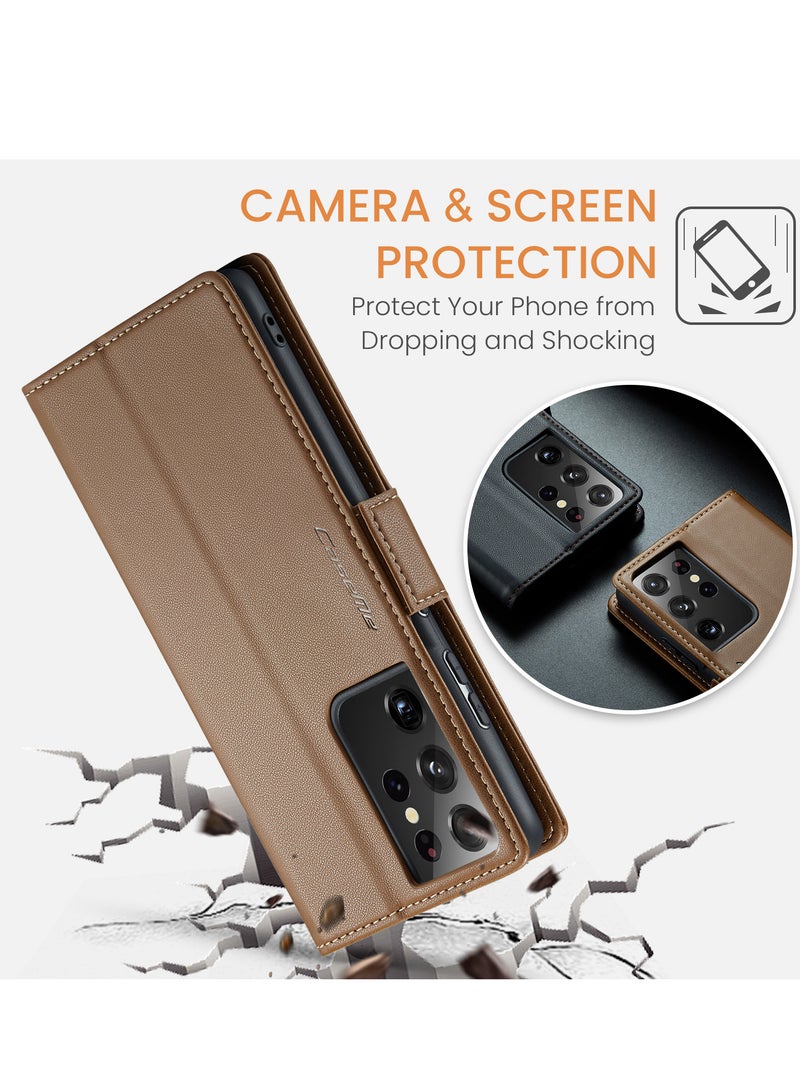 CaseMe Flip Wallet Case For Samsung Galaxy S21 Ultra, [RFID Blocking] PU Leather Wallet Flip Folio Case with Card Holder Kickstand Shockproof Phone Cover (Brown) - Image 4