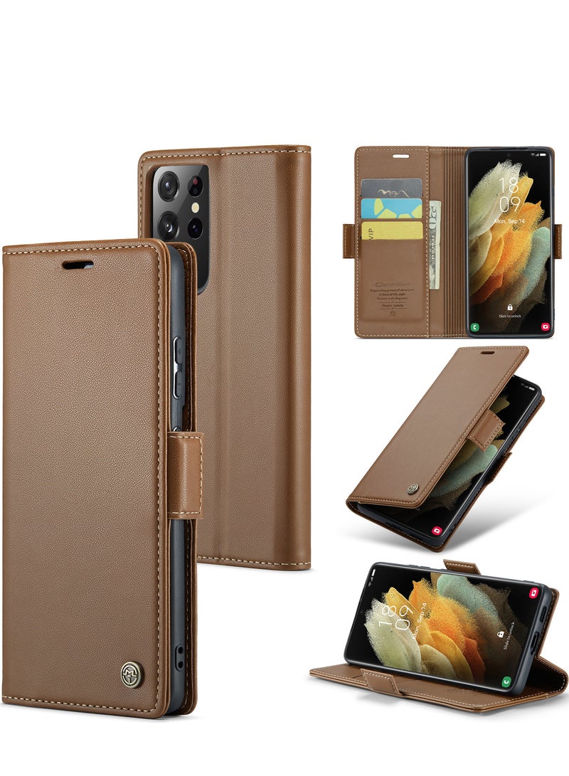 CaseMe Flip Wallet Case For Samsung Galaxy S21 Ultra, [RFID Blocking] PU Leather Wallet Flip Folio Case with Card Holder Kickstand Shockproof Phone Cover (Brown) - Image 2
