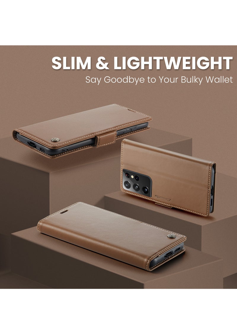CaseMe Flip Wallet Case For Samsung Galaxy S21 Ultra, [RFID Blocking] PU Leather Wallet Flip Folio Case with Card Holder Kickstand Shockproof Phone Cover (Brown) - Image 5