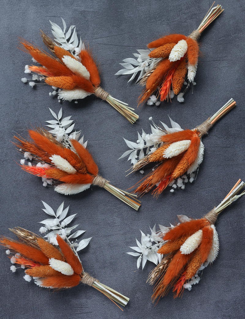xin's convey Mini Dried Flower Bouquet (Pack of 6)  Dried Flower Bouquet for Bohemian Wedding Table Centerpieces  Dried Pampas Grass  Groom and Best Man Boutonnieres  Dried Cake Flowers. (Orange) - Image 4