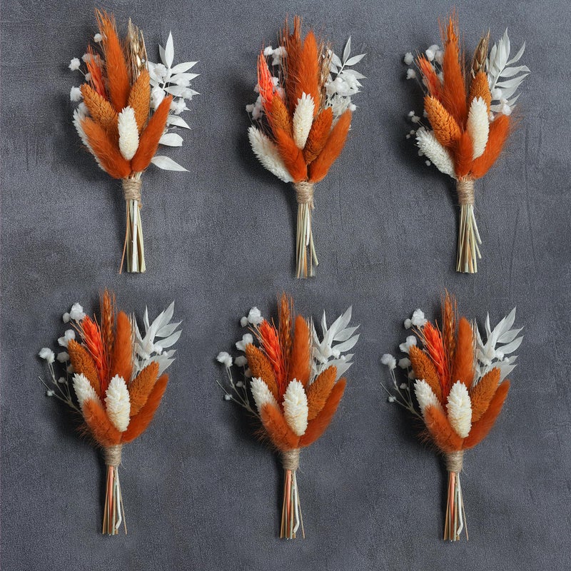 xin's convey Mini Dried Flower Bouquet (Pack of 6)  Dried Flower Bouquet for Bohemian Wedding Table Centerpieces  Dried Pampas Grass  Groom and Best Man Boutonnieres  Dried Cake Flowers. (Orange) - Image 1