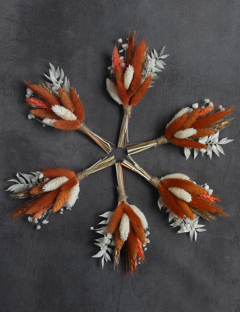xin's convey Mini Dried Flower Bouquet (Pack of 6)  Dried Flower Bouquet for Bohemian Wedding Table Centerpieces  Dried Pampas Grass  Groom and Best Man Boutonnieres  Dried Cake Flowers. (Orange) - Image 2