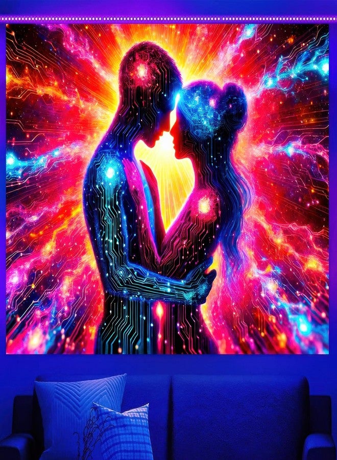 BlissYard UV Reactive Backdrop Blacklight Tapestry 80x60 Glow in the Dark Tapestry Futuristic Couple Sign Tapestry Wall Tapestry for Bedroom, Living Room Decor Trippy Black Light Decor - Image 3