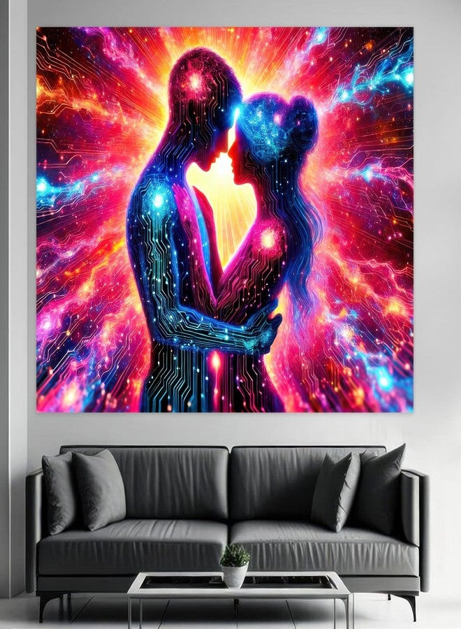 BlissYard UV Reactive Backdrop Blacklight Tapestry 80x60 Glow in the Dark Tapestry Futuristic Couple Sign Tapestry Wall Tapestry for Bedroom, Living Room Decor Trippy Black Light Decor - Image 2