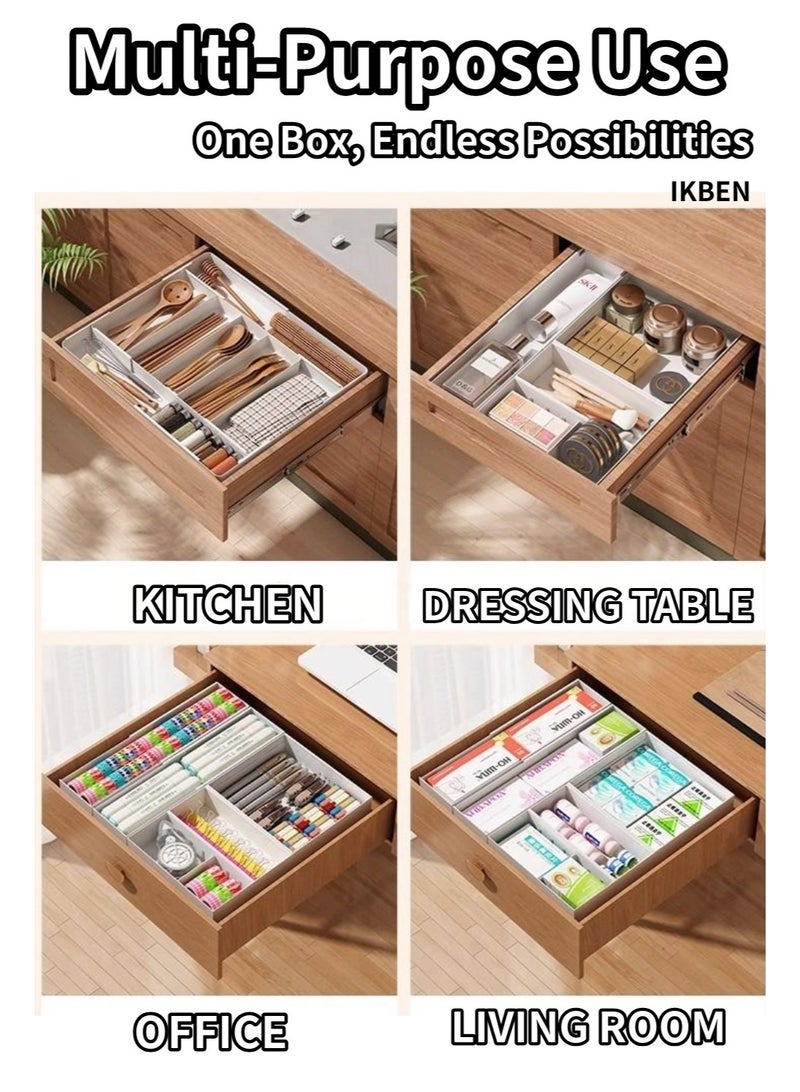 أيكبين منظم أدراج قابل للتوسيع صندوق تخزين قابل للتعديل، مقسم أدراج ممتد بأربع جهات، منظم بلاستيك متعدد الاستخدامات للتخزين، مناسب لجميع الاستخدامات، موفر للمساحة وسهل التنظيف، من IKBEN - Image 5