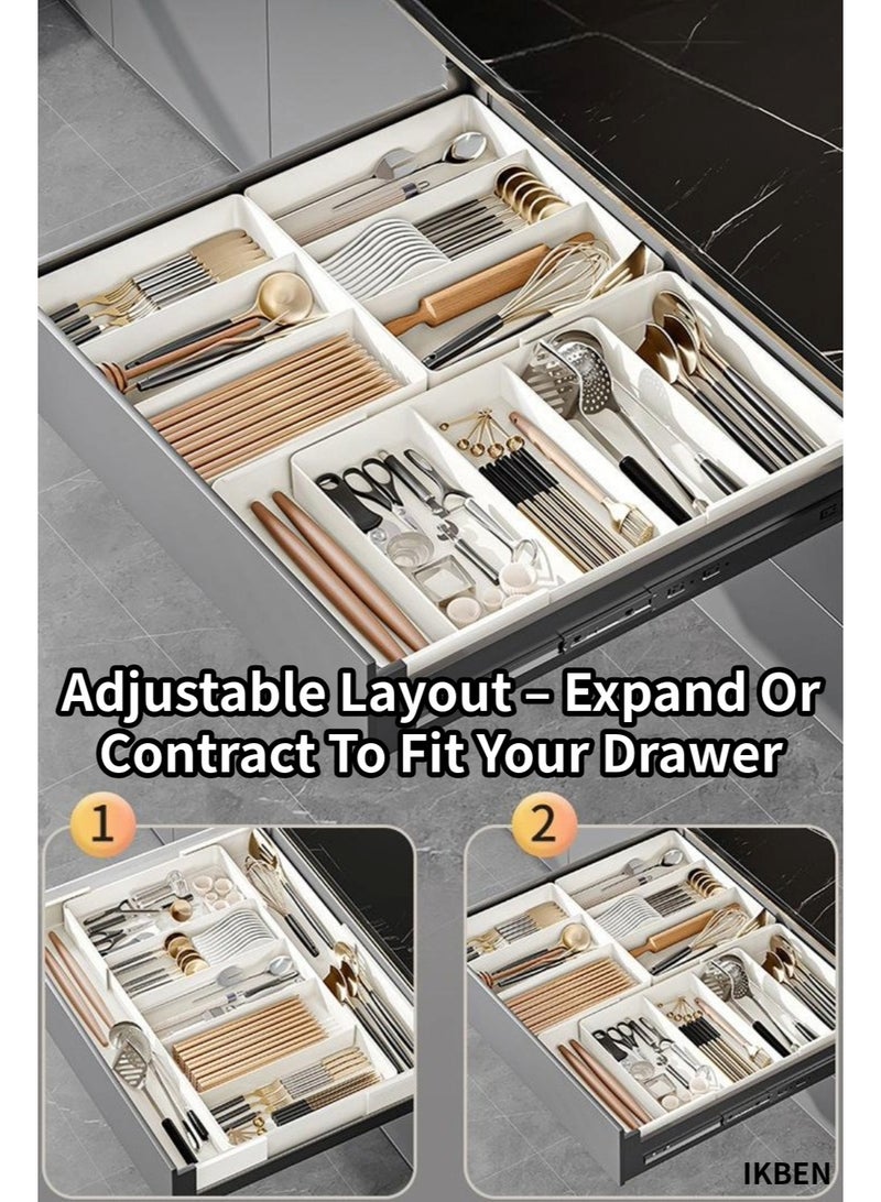أيكبين منظم أدراج قابل للتوسيع صندوق تخزين قابل للتعديل، مقسم أدراج ممتد بأربع جهات، منظم بلاستيك متعدد الاستخدامات للتخزين، مناسب لجميع الاستخدامات، موفر للمساحة وسهل التنظيف، من IKBEN - Image 2