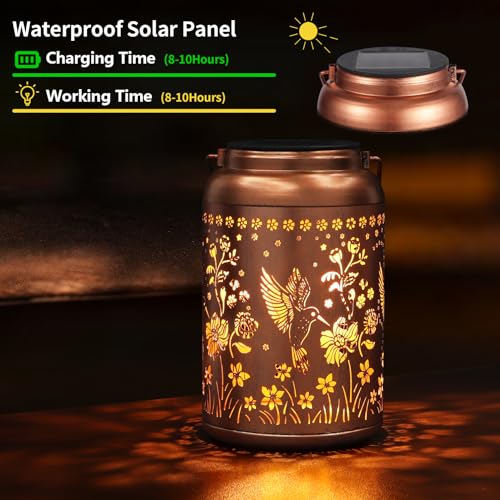 Tepaken Solar Lanterns Outdoor Waterproof Hummingbird Garden Decor Gifts for Women Mom Grandma Hanging Solar Lights Metal Solar Decoration Outside for Yard, Patio, Backyard, Porch - Image 2