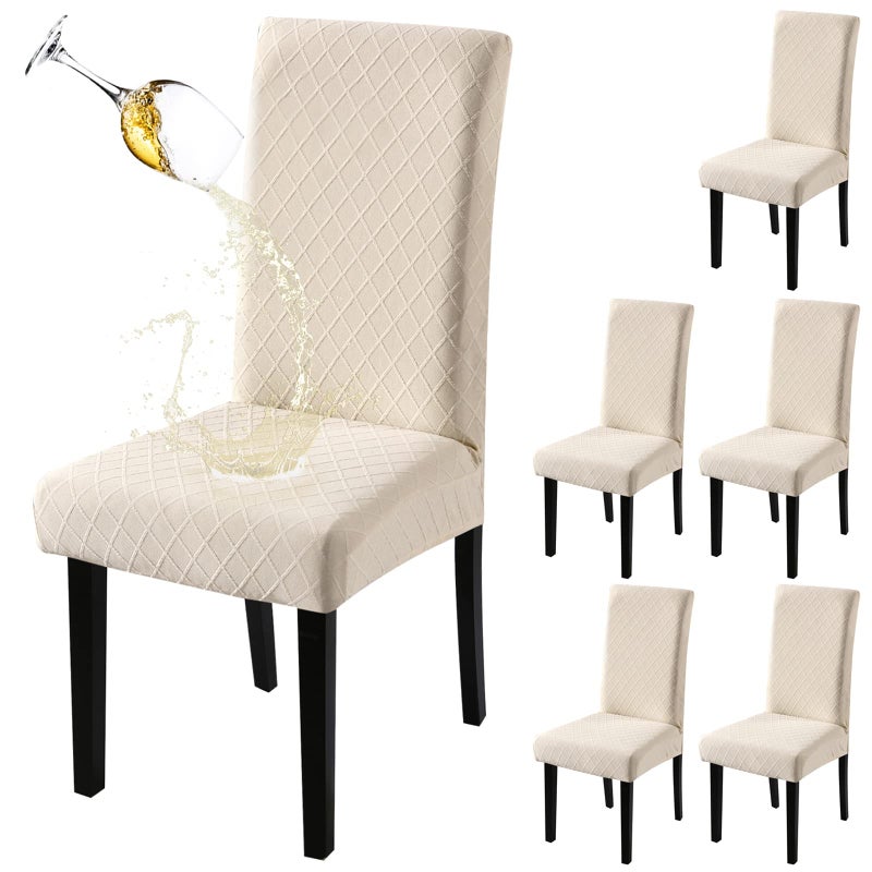 Fuloon Waterproof Dining Chair Covers Parsons Chair Slipcover Super Fit Stretch Kitchen Chairs Slipcovers Removable Washable Chairs Seat Slipcover for Dining Room Kitchen Banquet 6 Pack Beige