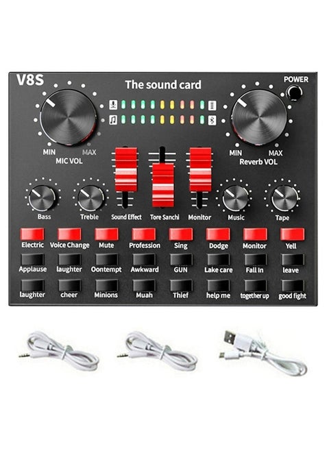 V8S Live Sound Card Bluetooth Sound Mixer Board 3.5mm Audio Interface Live Sound Card with 16 Sound Effects 6 Connecting Methods Dual DSP Noise Reduction Chip For Live Streaming Recording Game PC