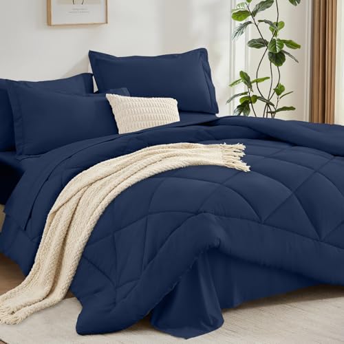 FUANNA 7 Pieces Full Size Comforter Sets, All Season Bedding Sets Full Size, Luxury Soft Bed in a Bag with Comforter, Flat Sheet, Fitted Sheet, Pillowcases & Pillow Shams, Navy Blue - Image 1