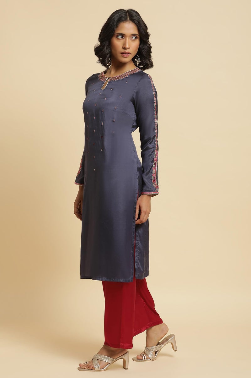 Wishful by W Women's Kurta, Slim Pant & Dupatta_22FESP10855-216215_XS Smokey Blue - Image 4