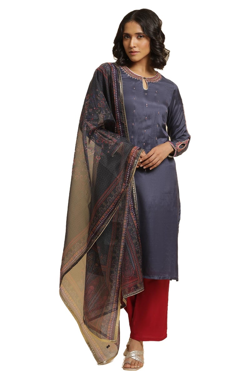 Wishful by W Women's Kurta, Slim Pant & Dupatta_22FESP10855-216215_XS Smokey Blue - Image 1