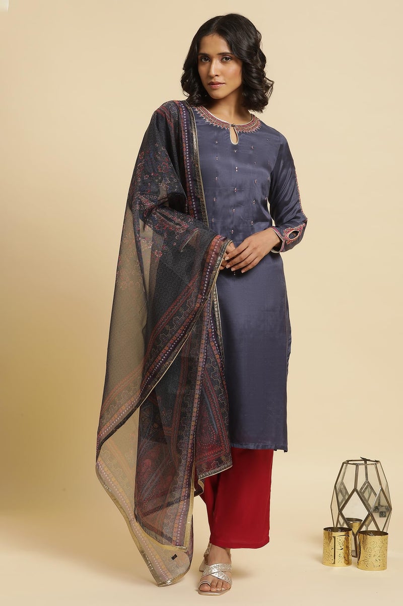 Wishful by W Women's Kurta, Slim Pant & Dupatta_22FESP10855-216215_XS Smokey Blue - Image 2