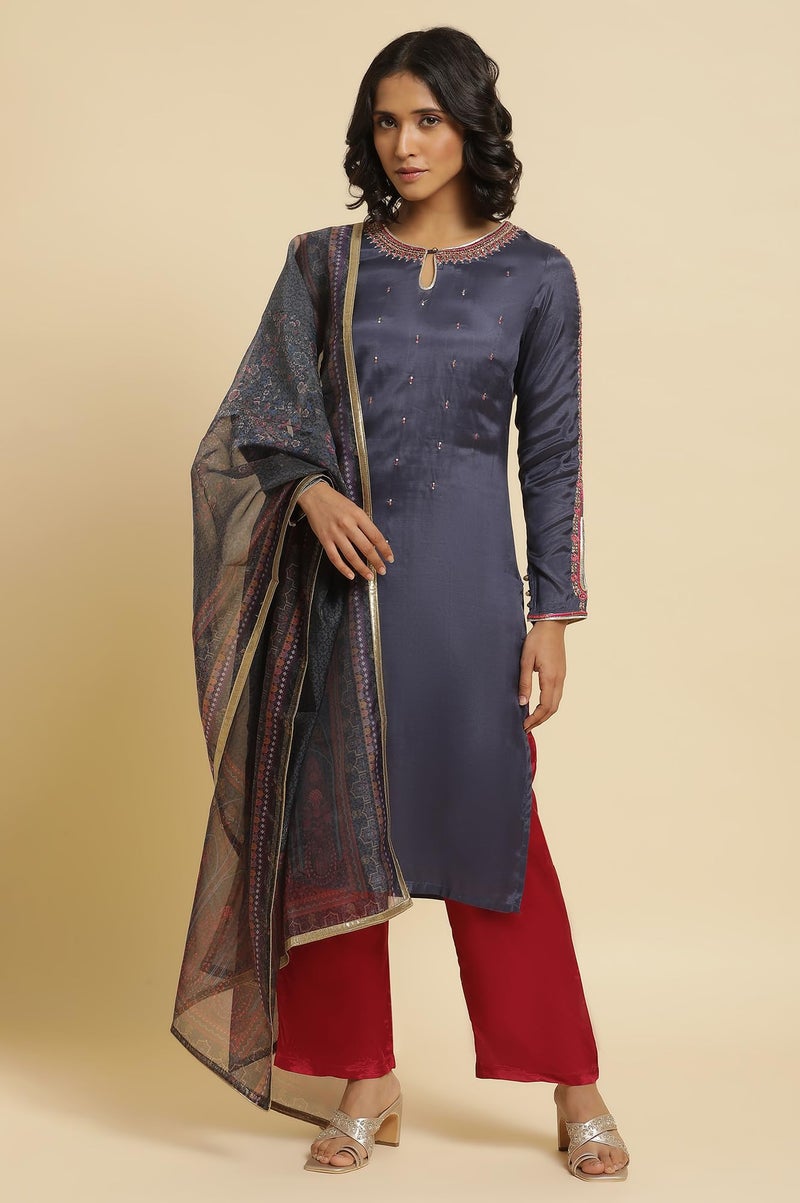 Wishful by W Women's Kurta, Slim Pant & Dupatta_22FESP10855-216215_XS Smokey Blue - Image 3