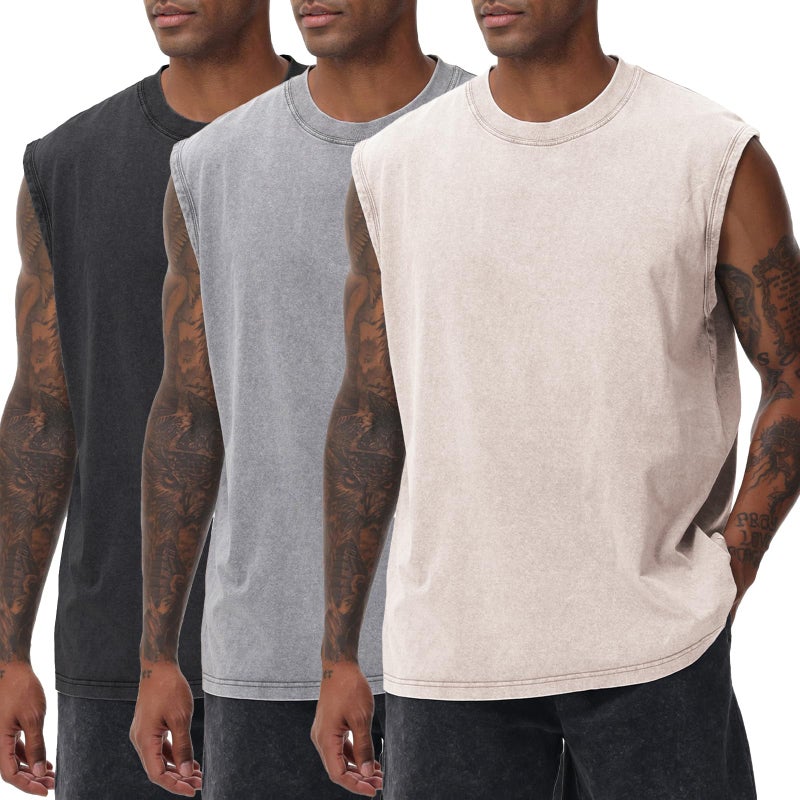 SnowElve 3 Pack Mens Workout Tank Tops Sleeveless Tee Shirts Men Muscle Shirt Gym Acid Wash T Shirts Running Beach Loose Fit Tee(ACGYBK,M) - Image 1