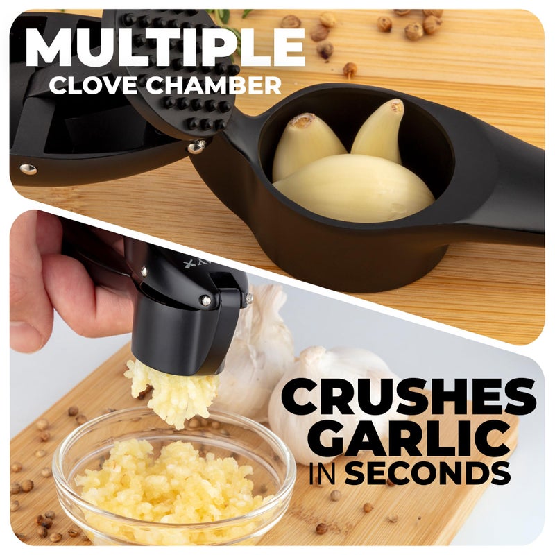 Zulay Kitchen Premium Garlic Press Set â€“ Rust Proof & Dishwasher Safe Garlic Mincer Tool with Silicone Garlic Peeler & Brush, Easy Squeeze & Clean, Ergonomic Soft Grip Handle - Medium â€“ Black - Image 4