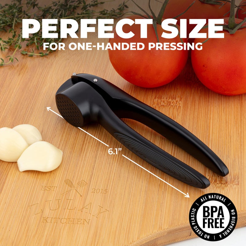Zulay Kitchen Premium Garlic Press Set â€“ Rust Proof & Dishwasher Safe Garlic Mincer Tool with Silicone Garlic Peeler & Brush, Easy Squeeze & Clean, Ergonomic Soft Grip Handle - Medium â€“ Black - Image 2