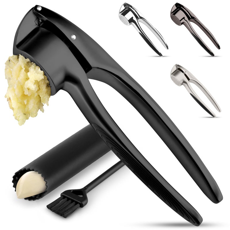 Zulay Kitchen Premium Garlic Press Set â€“ Rust Proof & Dishwasher Safe Garlic Mincer Tool with Silicone Garlic Peeler & Brush, Easy Squeeze & Clean, Ergonomic Soft Grip Handle - Medium â€“ Black - Image 1