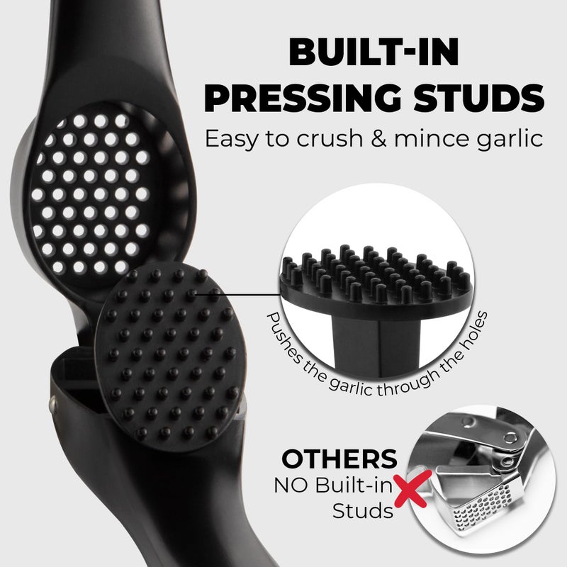 Zulay Kitchen Premium Garlic Press Set â€“ Rust Proof & Dishwasher Safe Garlic Mincer Tool with Silicone Garlic Peeler & Brush, Easy Squeeze & Clean, Ergonomic Soft Grip Handle - Medium â€“ Black - Image 3
