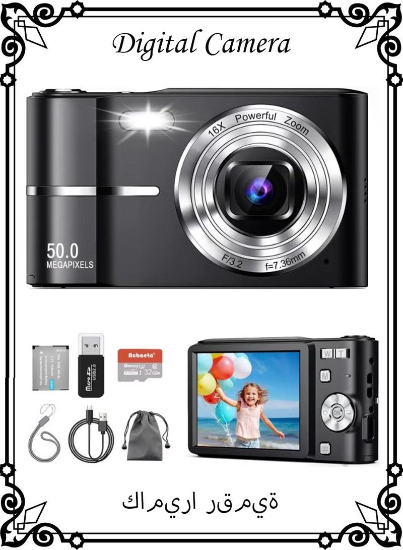 كاميرا رقمية، كاميرا رقمية بدقة 50 ميجابكسل عالية الوضوح 1080 بكسل كاملة الوضوح 1080 بكسل مع تقريب 16x مضاد للاهتزاز، كاميرا مدمجة للمراهقين والفتيات والأولاد، كاميرا للأطفال مع بطاقة SD بسعة 32 جيجابايت - Image 1