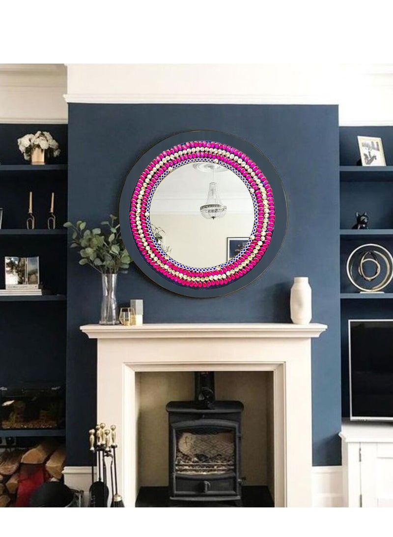 TriBro Round Shape Handmade Decorative Wall Mirror piece of Artistry Work With Pink and Gold for Bedroom Living room Hallway Hanging Wall Mirror 45 * 45cm - Image 2