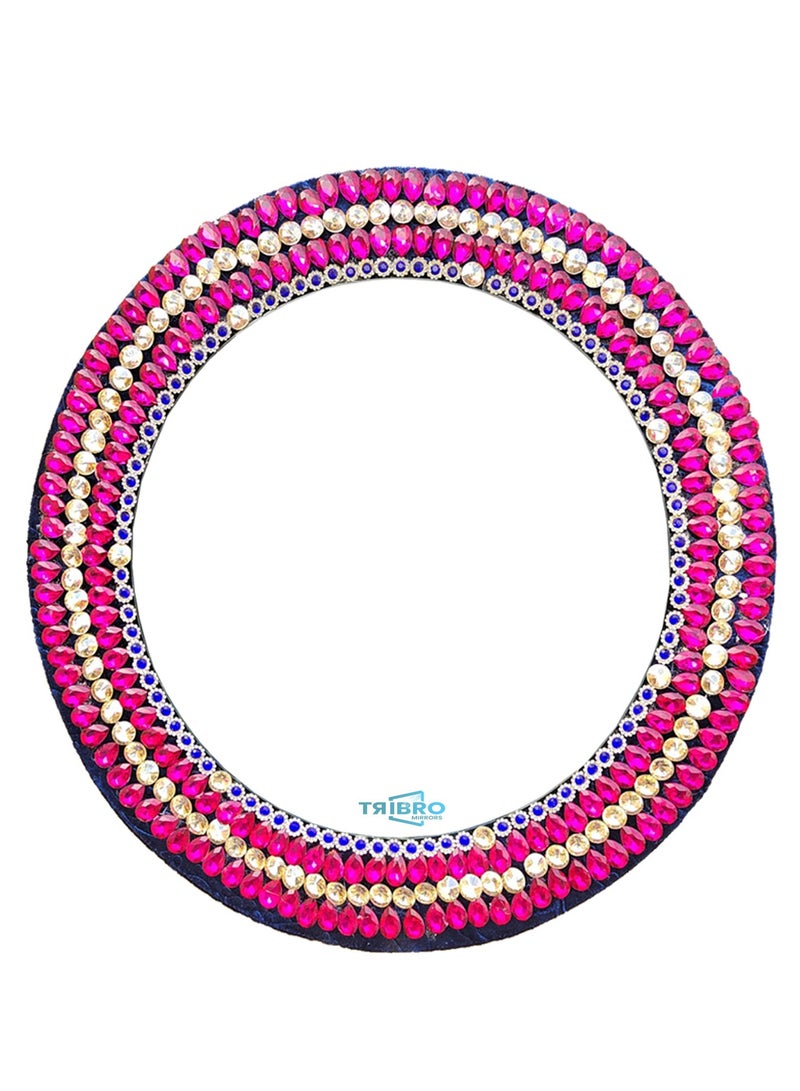 TriBro Round Shape Handmade Decorative Wall Mirror piece of Artistry Work With Pink and Gold for Bedroom Living room Hallway Hanging Wall Mirror 45 * 45cm - Image 1