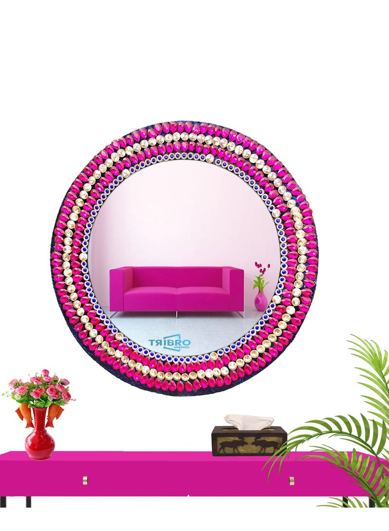 TriBro Round Shape Handmade Decorative Wall Mirror piece of Artistry Work With Pink and Gold for Bedroom Living room Hallway Hanging Wall Mirror 45 * 45cm - Image 4