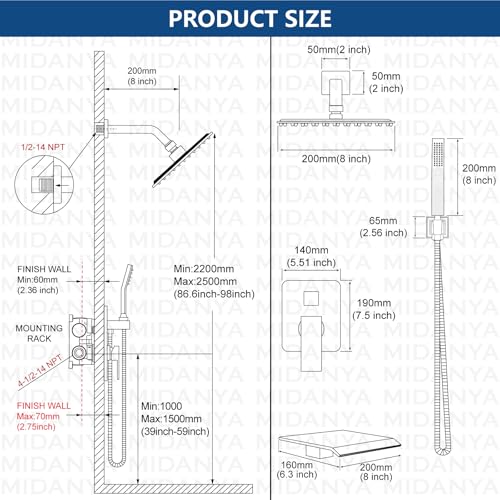 Midanya Shower System with Tub Spout,Bathtub Shower Faucet Set with Square Rainfall Head and Handheld Sprayer Wall Mount Tub Faucet Set with Valve and Trim Kit,8 Inch Matte Black - Image 5