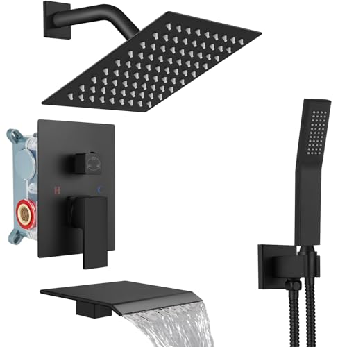 Midanya Shower System with Tub Spout,Bathtub Shower Faucet Set with Square Rainfall Head and Handheld Sprayer Wall Mount Tub Faucet Set with Valve and Trim Kit,8 Inch Matte Black - Image 1