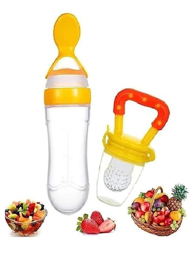The Moms Co The Moms care Combo of Fruit Nibbler Pacifier and Silicone Squeeze Feeding Spoon Bottle for Feeding Milk Cereal 0 to 12 Months Daily Needs Items for Kids Same Color Design Yellow Set for Your Baby - Image 1