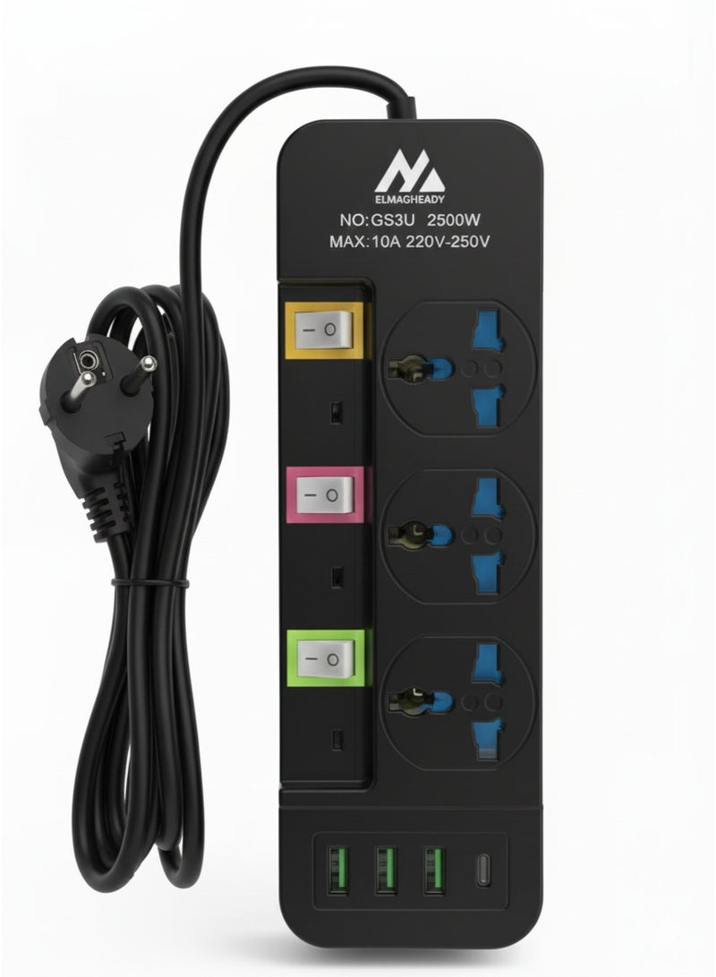 ELMAGHRABY Universal 3-Outlet Power Strip, 3 USB Charger Adapters and 1 Type-C Port, Strong and Flexible Cord for Powering Electrical Devices, 2500W, 220V Capacity, Practical Design for Daily Use and Supports Up to 3 Devices at the Same Time, Ideal for Offices, Bedrooms, Meeting Tables and Computers, Durable and Resistant ABS Plastic Material, High-Quality, Non-Slip Feet - Black