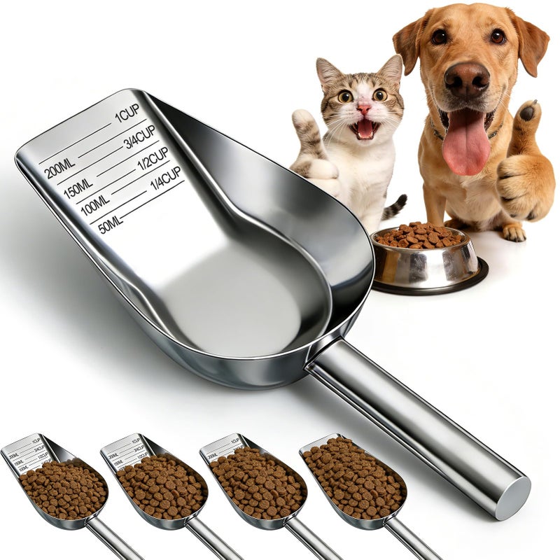 Mity rain Dog Food Scoop Stainless Steel with Long Handle, Precise Dog Food Measuring Cup 1, 3/4, 1/2, 1/4 Cup, Pet Scoop for Dogs, Cats, Rabbits, Animals, Metal Spoon for Dog Food Storage - Image 1