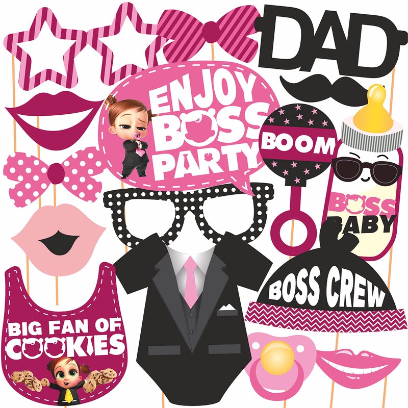 WOBBOX Happy Birthday Baby Boss Theme Photo Booth Party Props Pink Color, Birthday Party Deocration Items, Party Decoration Item (16 Pcs) - Image 1